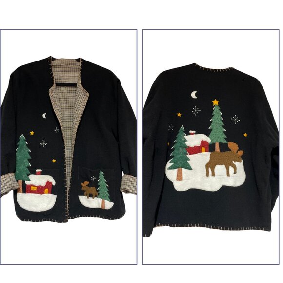 Vintage Country Christmas Fleece Open Front Cardigan Jacket Felt Patchwork - Picture 1 of 13
